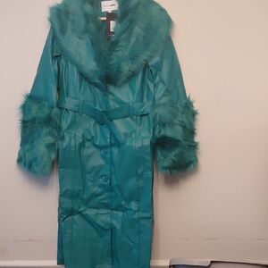 Fashion Nova Teal Trench Coat with Faux Fur